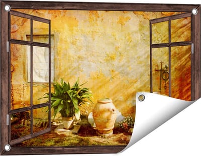 Gards Tuinposter Doorkijk Oude Stenen Muur - 60x40 cm - Tuindoek - Tuindecoratie - Wanddecoratie buiten - Tuinschilderij