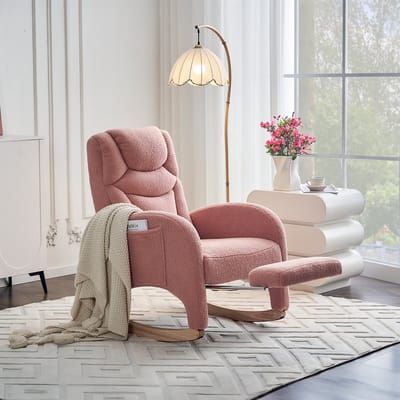 OKWISH Schommelstoel – Comfortabele Ergonomische Relaxfauteuil Met Inklapbare Voetensteun En Hoofdkussen – Zacht Teddy Bekleed Met Houten Frame – Roze