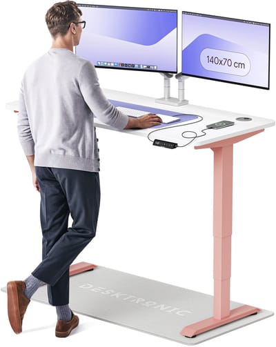 Desktronic HomePro Zit-sta Bureau Elektrisch In Hoogte Verstelbaar, 140x70 cm Roze/Wit, Stille Dubbele Motor, Hoogte 62-126cm