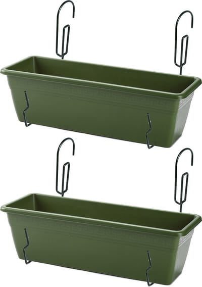 2x stuks hangende balkon reling plantenbakken groen rechthoekig 50 x 17 x 15 cm met setje metalen ophang beugels