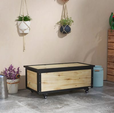 OKWISH Kussenbox - 121 L Opbergruimte - Met Wielen - Voor Balkon En Terras - Massief Hout In Natuurkleur - 100 x 50 x 43 cm