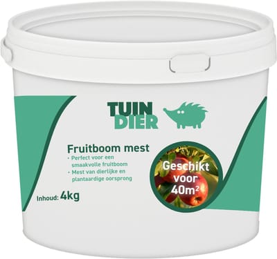 Fruitboom mest | Fruitboom voeding | Fruitboommest | 100% natuurlijk | In handige bewaaremmer | 4.000 gram | 4 kilogram | TUIN-DIER