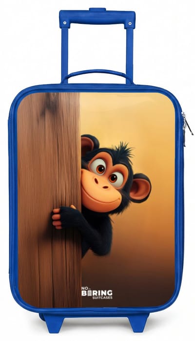 NoBoringSuitcases.com® - Kinderkoffer blauw - Kindertrolley jongen - Een aap achter houten muur - Koffer kind lichtgewicht - Reiskoffer trolley voor kinderen - Koffertje met lichtgevende wieltjes - Rolkoffer