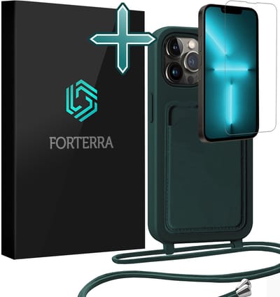 Hoesje Geschikt voor iPhone 13 Pro Pashouder Case Siliconen Hoes Met Koord Met Screenprotector - Hoes Geschikt voor iPhone 13 Pro Met Telefoonkoord Hoesje Back Cover Met Pasjeshouder - Donkergroen