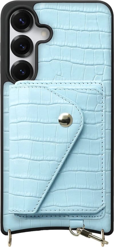 AVY Leren Hoesje Geschikt voor Samsung Galaxy S25 / S24 | Met Magnetische Kaarthouder | Compatibel met MagSafe | Leather Case met Wallet | Croco Blauw