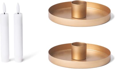 Novaliv 2x kaarsenhouders, rond metaal, diameter 6 cm, goud met LED-kaars, vlamloze tafelkaars, kaarsenhouder, kaarsenstoker, adventskrans, scandic chic, kaarsenbord, decoratieve schaal