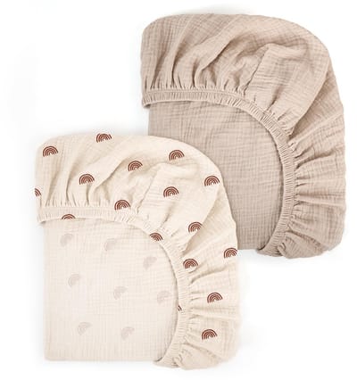 Kraftverdia Mousseline Katoenen Hoeslaken 80 x 40 cm, Kinderwagen Hoeslaken Wieg Matrashoes voor Mosesmand, Babybed en Bijzetbed voor Jongens en Meisjes, Set van 2, Regenboog