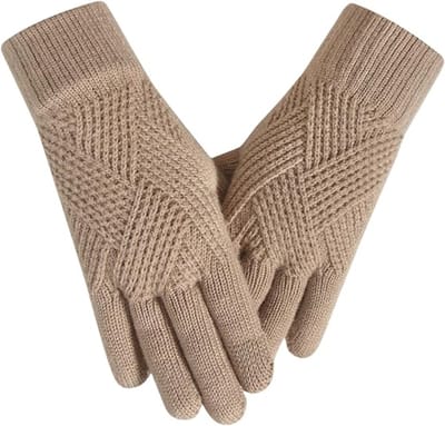 Handschoenen - Warme gebreide handschoenen voor dames - Lang - Ruitpatroon - Verdikt warm breiwerk - Touchscreen-ontwerp met twee vingers - Warm en koudebestendig - Wollen handschoenen - Zacht en huidvriendelijk - Kaki
