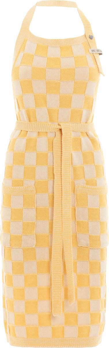 Knit Factory Gebreide Keukenschort Dames & Heren - Kookschort - Kokssloof - Keukensloof - Koksschort - Barbecue schort Block - Ecru/Gold - Goud - One Size - Met steekzakken