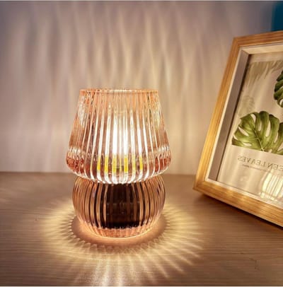 Paddenstoel Lamp - Draadloze Sfeerlamp - Decoratieve Verlichting - Glazen Strepen Design - Op Batterijen - Roze