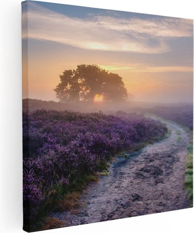 Artaza Canvas Schilderij Zonsopgang Heide - 30x30 cm - Klein - Wanddecoratie Pad - Muurdecoratie Bloemen - Kamer Accessoires Landschap