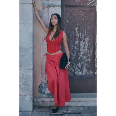 boohoo Dames Poplin Rok Met Strikceintuur Midaxi Lengte | Rood | Maat: 36