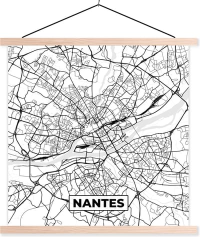 Posterhanger incl. Poster 40x40 cm - Schoolplaat - Plattegrond - Nantes - Kaart - Frankrijk - Stadskaart - Zwart wit - Textielposter - Blanke latten - Stadskaart