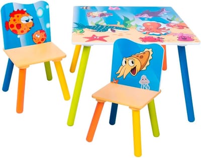 BukkitBow - Houten Kindertafel / Kinderbureau - met Visprint - Inclusief 2 Stoelen (60X60CM)