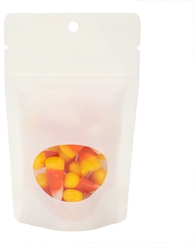 Stazakken Kraft Wit met ovaal Venster 7,9x5,1x13cm | 28 gram met rond ophanggat (100 stuks) | Doypacks | Stand up pouches