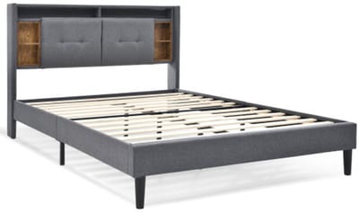 Gotagee Gestoffeerd bed 140x200 cm Tweepersoonsbed Met opbergruimte en USB/LED verlichting Met lattenbodem Hout Grijs Zonder matras