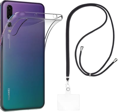 Set met hoesje en nekband voor iphone 15 plus - Flexibele, transparante TPU-bescherming, verstelbare universele nekband voor mobiele telefoons, zwarte nekband, transparante draagriem van Phonillico®