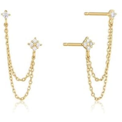 Aide Boucles d'oreilles à tige en argent sterling 925 avec quatre zircons et fleurs pour femme, double chaîne, pompon, piercing, plaqué or 18 carats beige