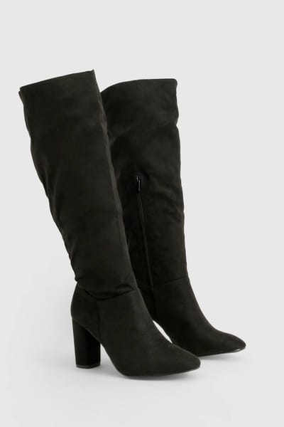 boohoo Dames Wide Fit Nep Suede Block Hiel Kniehoge Laarzen | Black | Maat: 3