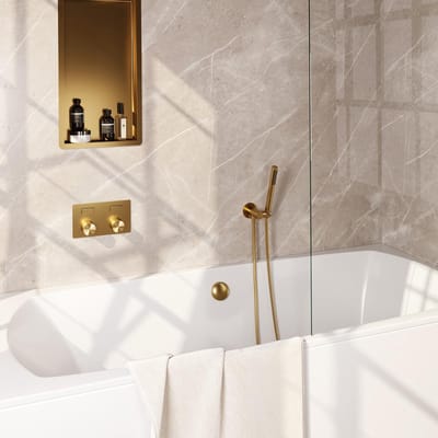 Brauer Gold Carving Thermostatische Inbouw Badkraan Drukknoppen - Badvulcombinatie - Staaf - Doucheslang - Wandaansluitbocht - Handdouche - Goud Geborsteld Pvd