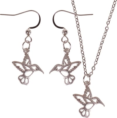 Set - Kinderketting 45cm - Zilverkleurige Oorbellen - Hangertje Kolibrie zilverkleurig 1,8cm
