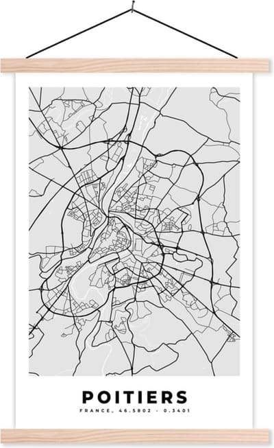Posterhanger incl. Poster 40x60 cm - Schoolplaat - Poitiers - Plattegrond - Frankrijk - Kaart - Stadskaart - Textielposter - Blanke latten - Stadskaart