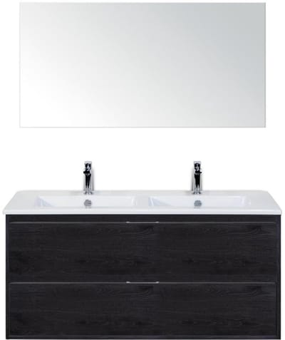Porto Badmeubelset 120 cm - 2 Laden Black Oak - Keramische Wastafel Wit Slim met Spiegel