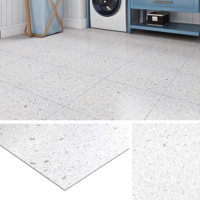 Zelfklevende Terrazzo PVC Vloerbedekking voor Badkamer en Keuken, Waterdichte Tegels Lichtgrijs 30x30CM, 4 Stuks, Duurzaam en Onderhoudsvriendelijk