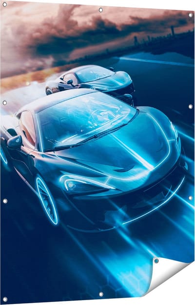 Gards Tuinposter Twee Raceauto's - Abstract - 90x120 cm - Tuindoek - Tuindecoratie - Wanddecoratie buiten - Tuinschilderij