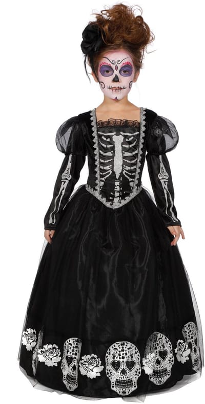 Zwarte Jurk Versierd Met Doodshoofden Day Of The Dead Meisje