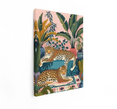 Artaza Canvas Schilderij Luipaarden - 60x80 cm - Boho Wanddecoratie Dieren - Muurdecoratie Tropische Planten - Decoratie Woonkamer