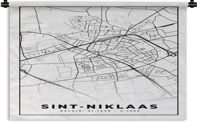 Wandkleed - Wanddoek - Stadskaart – Plattegrond – België – Zwart Wit – Sint Niklaas – Kaart - 180x120 cm - Wandtapijt