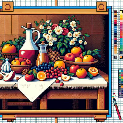 Pixel art stilleven schilderij | Digitale meesterwerk: een moderne stilleven van pixel kunst | Kunst - 40x40 centimeter op Dibond | Foto op Dibond
