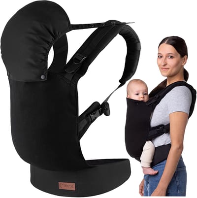 MoMi COLLET Draagzak - Ergonomische Babydrager - M-Positie - Verstelbaar - Met Afneembare Capuchon - Zwart