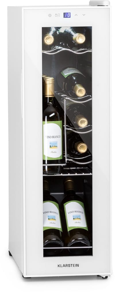Klarstein Wijnkoeler Wijnkoelkast 1 Zone – Vrijstaande Wijnklimaatkast 32L – Compacte Drankenkoelkast met Glazen Deur – Binnen/Buiten Gebruik – voor 12 Flessen - 45 cm - voor Bar - Touch - LED - Wijnkast - Wine Cooler - Wine Fridge