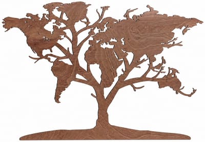 Houten wanddecoratie - Wooden wall decoration | Wereldkaart boom 96 x 140cm World map tree | Donker hout - Dark wood | Muurdecoratie - Wall art - Atlas - Echt Hout - Real Wood - Aarde - Continenten - Reizen - Natuur