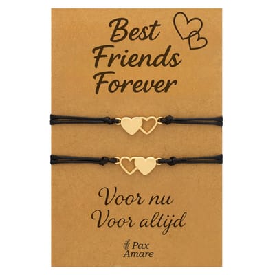 Vriendschapsarmbandjes voor 2 "Best Friends Forever" - Hartjes - BFF Armbandjes met Persoonlijk Cadeau Kaartje - Goudkleurig - Elastisch Verstelbaar - Pax Amare