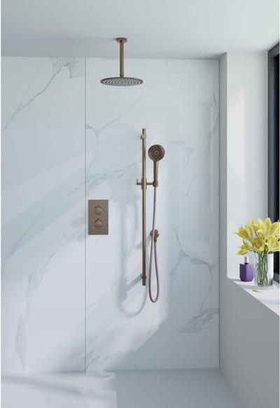 FugaFlow Eccelente Acces Inbouw Regendoucheset - thermostatisch - plafondarm - glijstang - 25cm hoofddouche - ronde handdouche - gladde doucheslang - Geborsteld koper PVD (Koper)