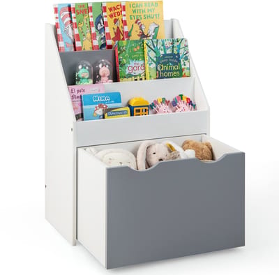 COSTWAY Kinderrek met 3 planken en rollende speelgoedkist, multifunctionele boekenplank voor kinderen, ideaal voor kinderkamer, kleuterschool