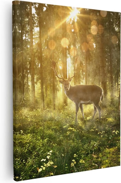 Artaza Canvas Schilderij Hert In Bos - 40x50 cm - Wanddecoratie Zonlicht - Muurdecoratie Natuur - Kamer Accessoires