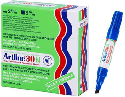 Artline 30 Permanent Marker - Doos 12 Stuks - Schuine Punt 2,0-5,0mm - Watervast & Wrijfvast - Hervulbaar - Blauw