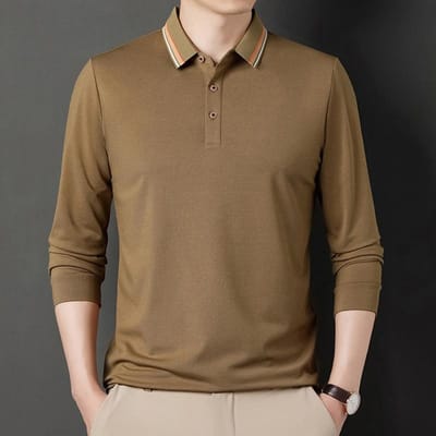Heren T-shirt met lange mouwen Herfst Nieuwe Stijl Jong en Middelbare Leeftijd Mannen Zakelijk Los Polo Shirt Revers T-shirt Herenkleding XXXXL brown
