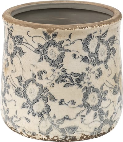 Keramiek Bloempot voor Binnen – Grijs Bloemen – Rustieke Pot – Ø 14 cm – Bloemenmotief