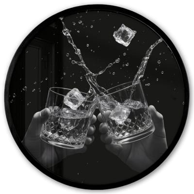 Poster in lijst Rond - Fotolijst 40x40 cm - Posters - Whiskyglazen - Ijs - Spetters - Zwart - Ronde posterlijst zwart - Decoratie - Wanddecoratie woonkamer - Muurdecoratie slaapkamer