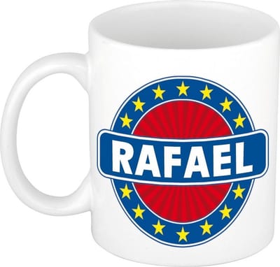 Bellatio Decorations - Rafael voornaam - koffiemok - beker - wit/blauw - 300 ml - Cadeau - Heren - Collega - Vaderdag - Verjaardag