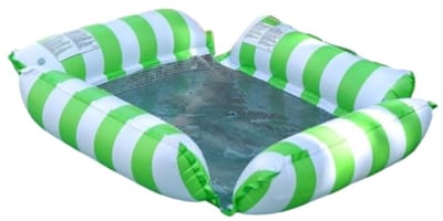 2-Pack 4-in-1 Zwembad Hangmat Drijvende Stoel Lounge voor Volwassenen en Kinderen, 4 Zijden Strepenpatroon Opblaasbare Drijvende Waterbank voor Pool Party - Groen + Oranje