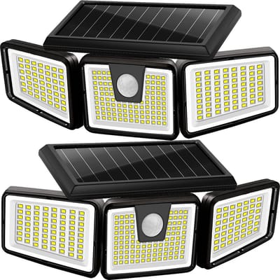 Solarverlichting voor Buiten met Bewegingssensor - Draadloze LED Wandlampen met IP65-waterdicht, 3 Verstelbare Koppen, 2-pack
