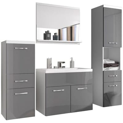 Moderne badmeubels, hangende set met wastafel, spiegel en kolomkasten, corpus wit mat / fronten grijs hoogglans