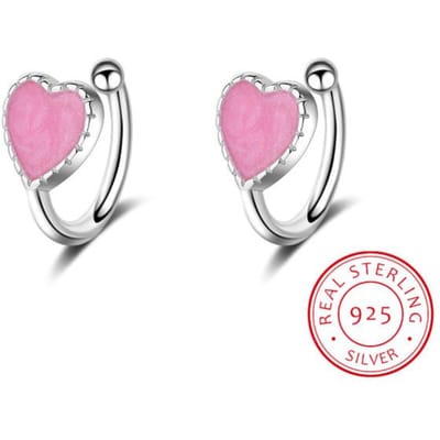 Mode enfants 925 argent rose vert émail mignon coeur Non Piercing faux Clip boucles d'oreilles pour bébé fille femmes fête boucle d'oreille cadeau rose