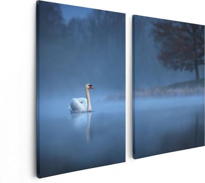 Artaza Canvas Schilderij Tweeluik Zwaan op het Water tussen de Mist - 80x60 - Foto Op Canvas - Canvas Print